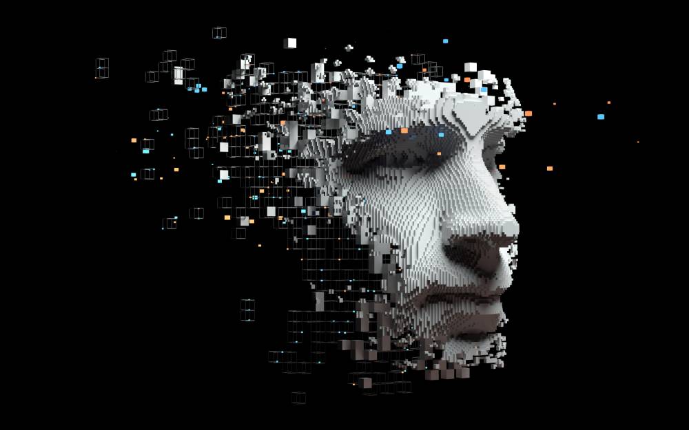 Abstract digital human face.  Artificial intelligence concept of big data or cyber security. 3D illustration